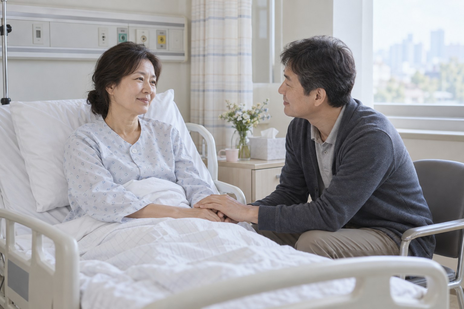 병실에서 가족의 손을 잡고 회복을 준비하는 장면